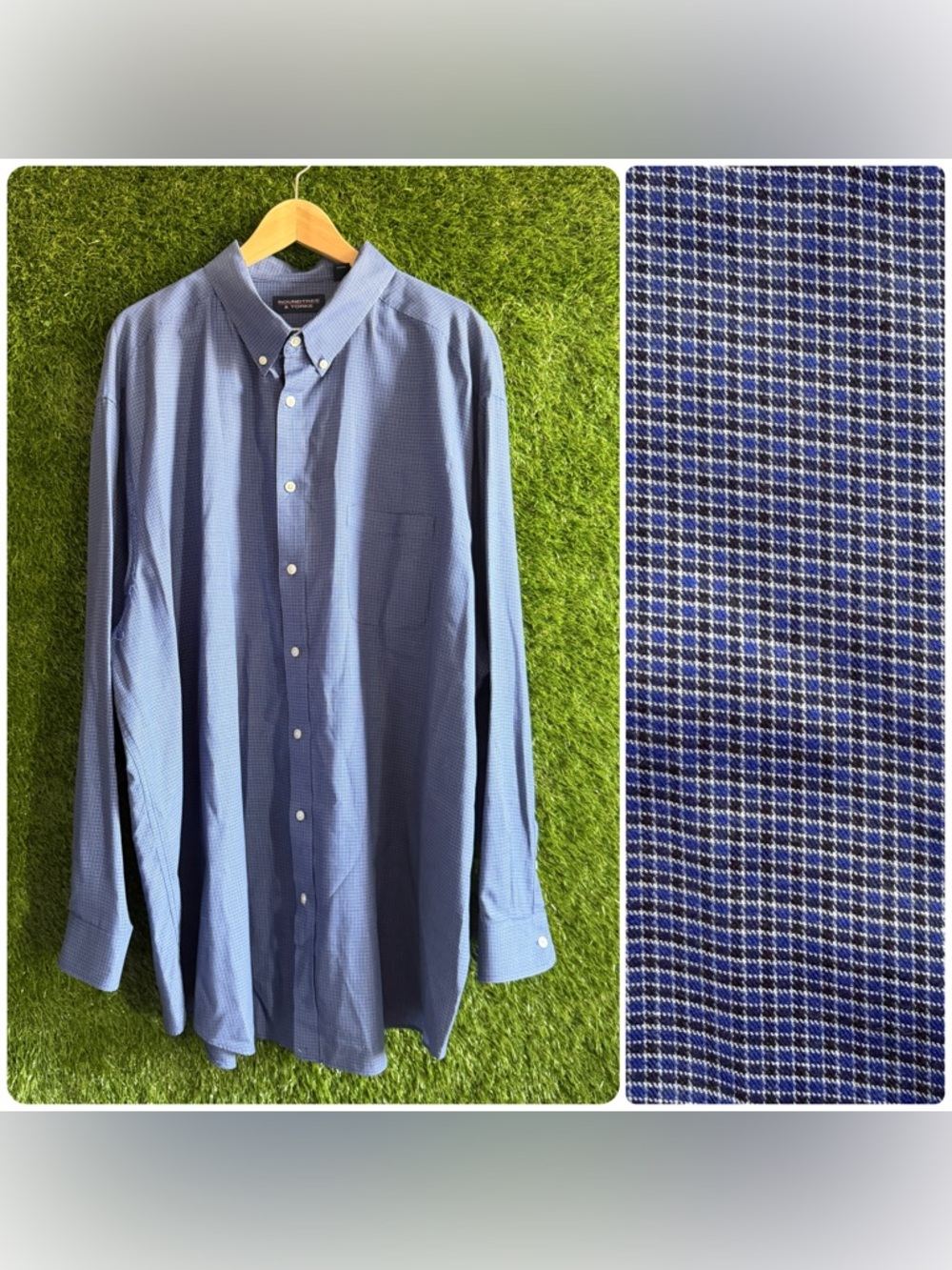 4XT Roundtree & Yorke Blue Micro Plaid Check Long Sleeve Button Down Shirt